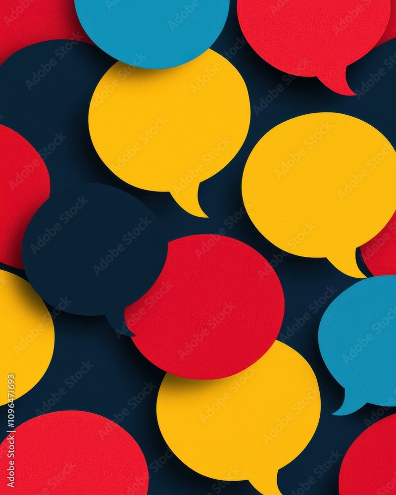 Poster a vibrant composition of speech bubbles in various colors, creating a playful and engaging visual ef