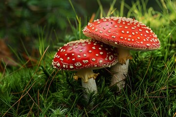 Obraz premium Two eye catching red and white spotted fly agaric mushrooms thrive in a bed of vivid green grass, creating a captivating natural scene