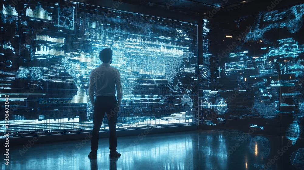 Poster dynamic holographic ai display visualizing advanced financial analytics and trends representation of
