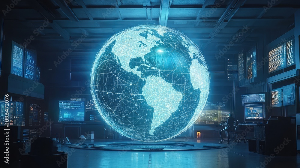 Poster dynamic holographic globe showcasing real-time global data flows powered by ai creative rendering of