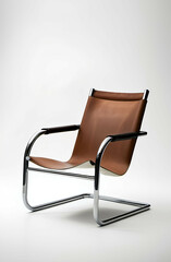 A low-slung lounge chair with a leather seat and a cantilevered chrome frame, placed against a white background.