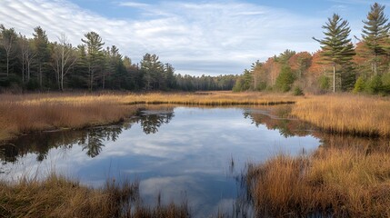 Serene landscape with calm waters reflecting trees and autumn foliage.