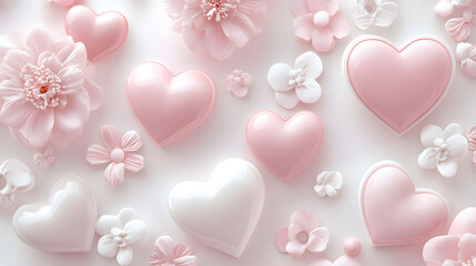 Seamless pattern of hearts and flowers in soft pink tones, evoking love