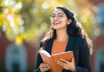 young indian female college student holding text book