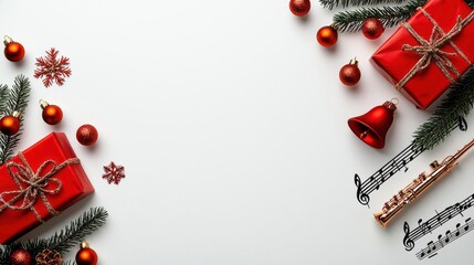 Festive Christmas composition featuring red gifts, ornaments, and musical notes surrounded by evergreen branches.