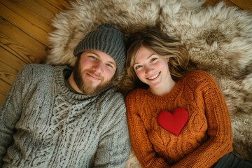 Happy couple relaxing on cozy fur rug in knitted sweaters on Valentine's Day