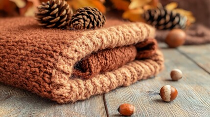 Cozy autumn scene with folded knitted sweaters, pine cones, and acorns on wooden surface.