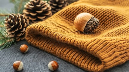 Cozy autumn scene with knitted sweater, pine cones, and hazelnuts.