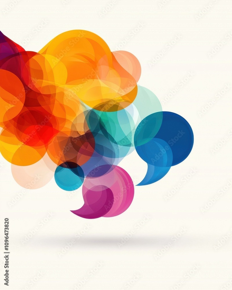 Poster a vibrant abstract design featuring colorful overlapping bubbles and speech shapes on a light backgr