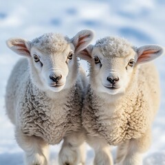 Fototapeta premium Gentle lamb resting peacefully amidst a serene snowy landscape.