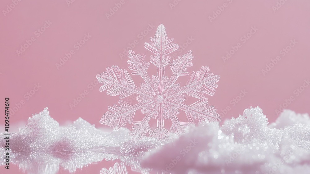 Poster a single snowflake falling, symbolizing simplicity and uniqueness
