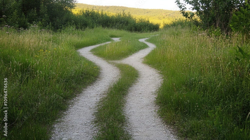 Poster a single path diverging into two, symbolizing choices and decisions