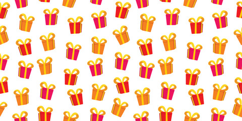 Seamless pattern of colorful gift boxes with ribbon and bow on white background