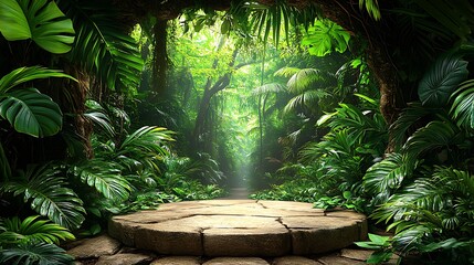 Lush tropical jungle path with stone platform.