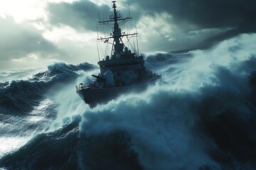 Obraz premium A naval ship navigates through turbulent ocean waves under a stormy sky.