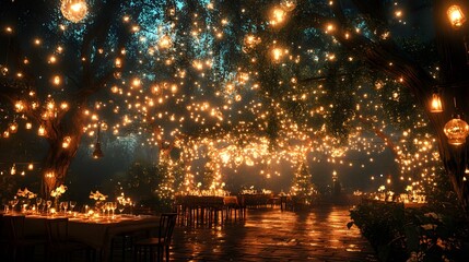 Enchanting outdoor dining area adorned with shimmering lights in a magical setting.