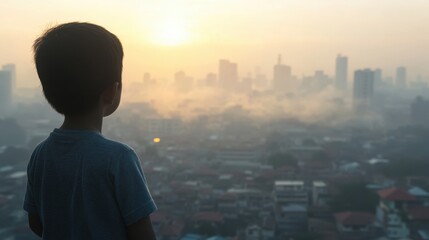 Fototapeta premium Child Gazing at Hazy Sky Over Urban Landscape