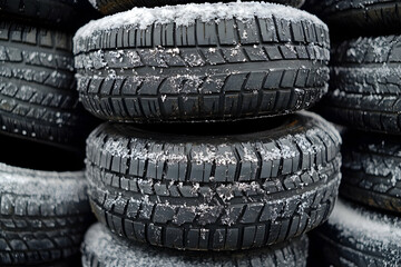 Close-up of Stacked Winter Tires Covered in Snow