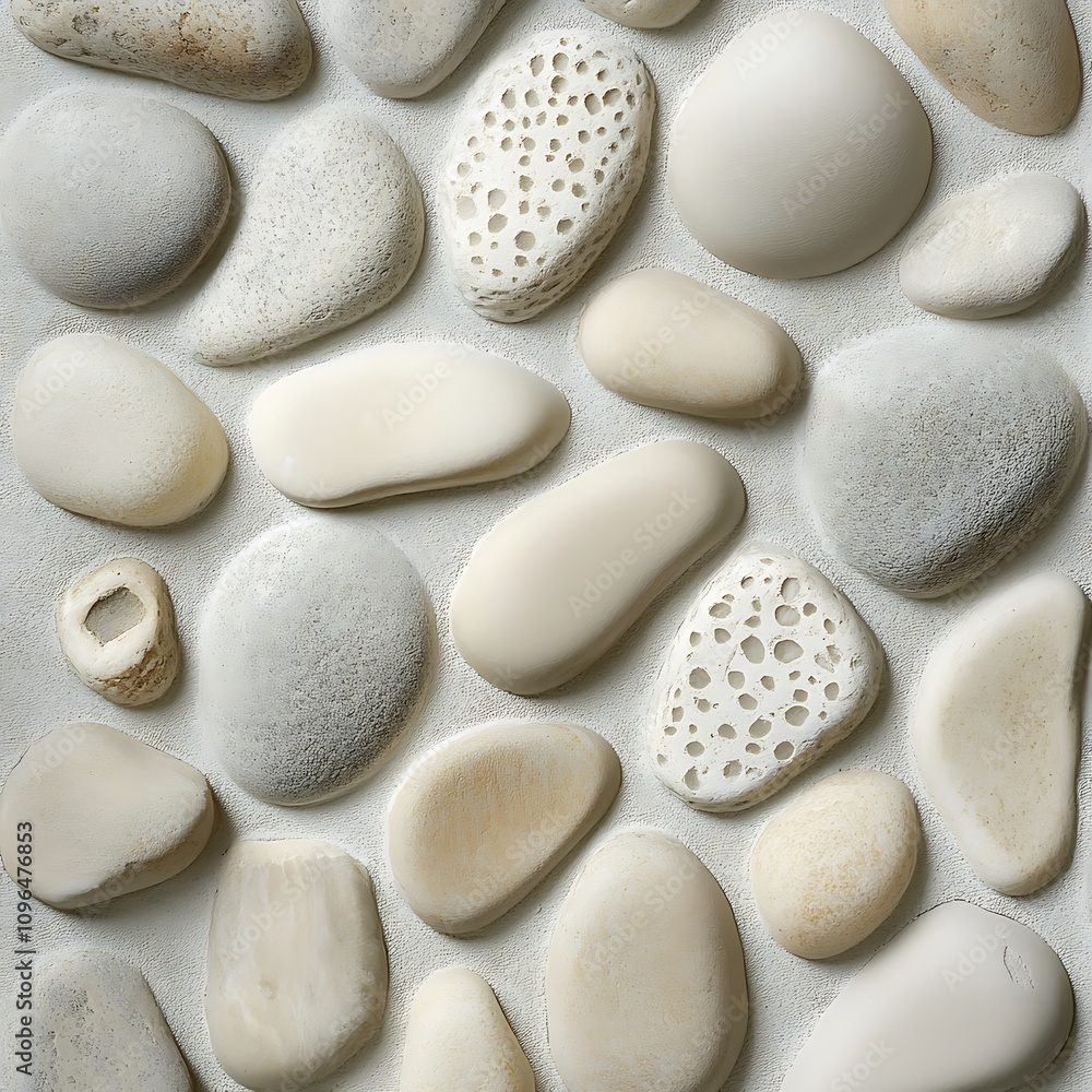 Aufkleber collection of smooth, off-white stones with varying textures and shapes arranged on a light backgrou