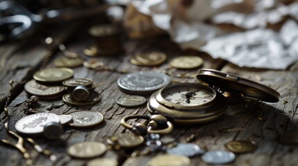 Vintage pocket watch on weathered wooden table with old coins and crumpled paper showing rising graph, symbolizing cost inflation and historical value.