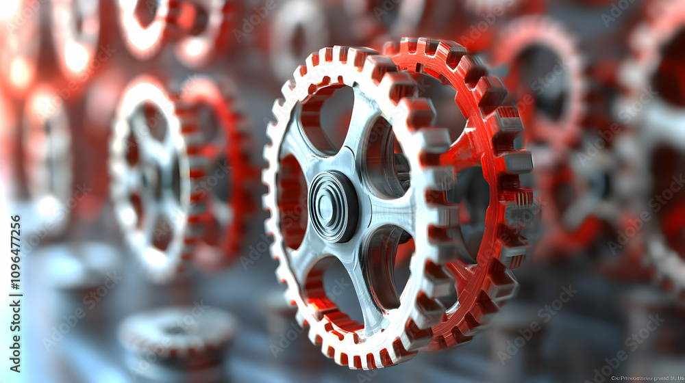 Aufkleber 3d render of interlocking gears: red and silver cogwheels precisely meshing, creating a complex abst
