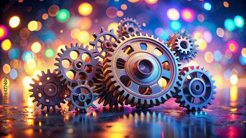 Poster 3d gears representing online marketing strategies with bokeh effect for enhanced visual appeal and e