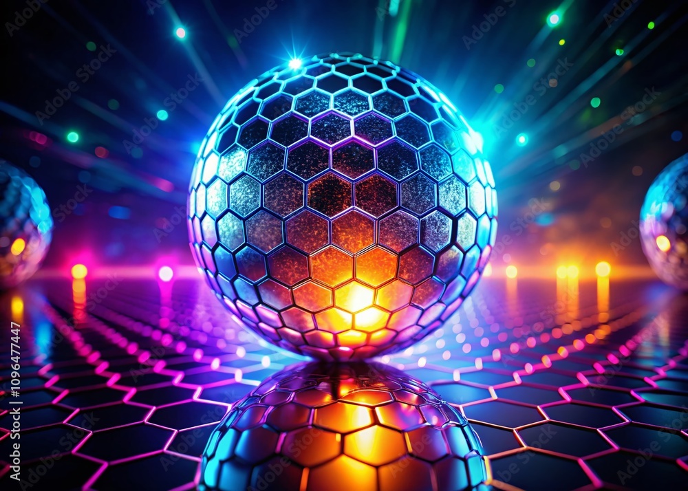 Poster 3d hexagon grid nano shield sphere with glowing edges reflecting on dim floor for security concepts,