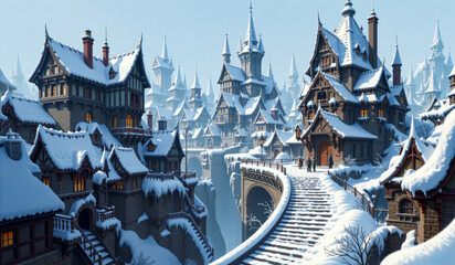 a castle with snow on the roof and a bridge in the background.