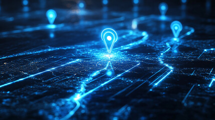 blue glowing location pins on map with dynamic path lines connecting them against dark background AI image.