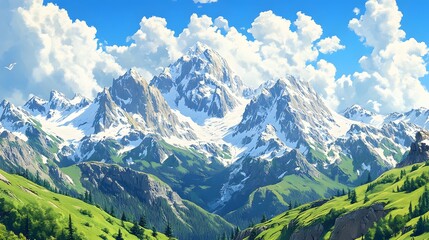 Obraz premium Majestic snow-capped mountains under a bright blue sky.