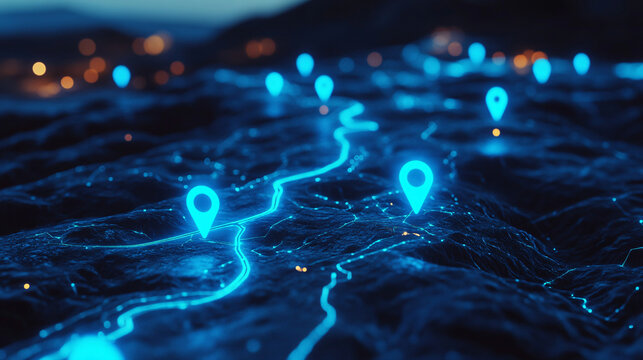 blue glowing location pins on map with dynamic path lines connecting them against dark background AI image.
