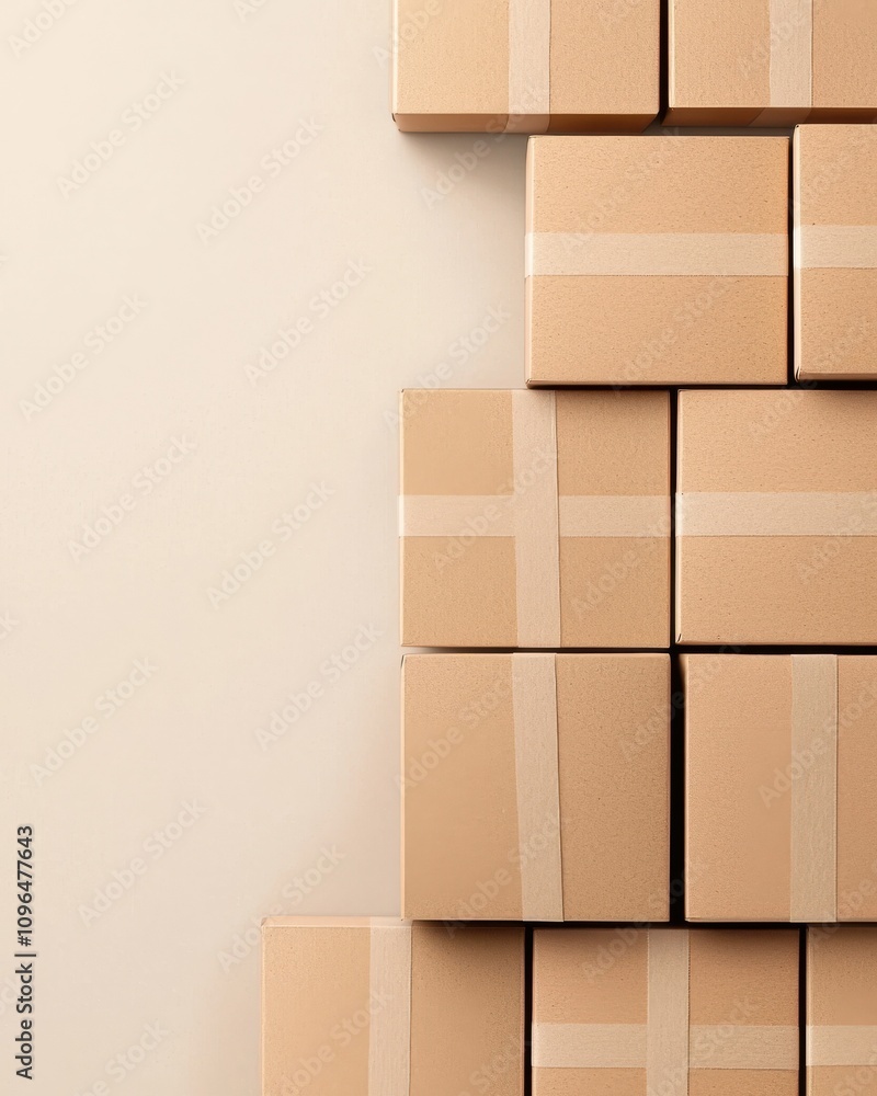 Poster a stack of neatly arranged cardboard boxes against a light background, showcasing a minimalistic and