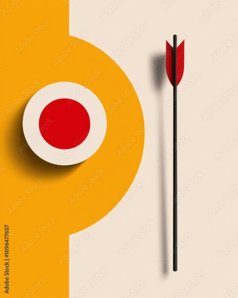 Poster a minimalistic design featuring a red circle and arrow against vibrant backgrounds, showcasing a mod
