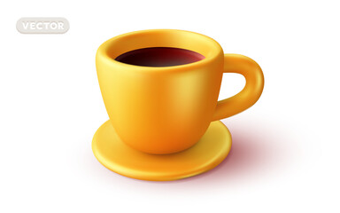 Vector illustration of realistic yellow color coffee cup with ceramic saucer on white background. 3d style design of coffee cup icon