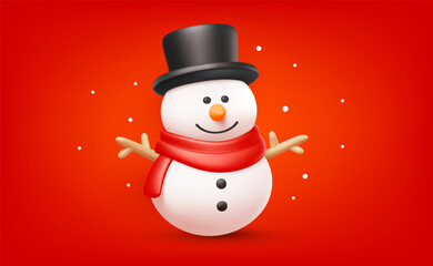 Vector christmas illustration of cute snowman in top hat and scarf on red background. 3d cartoon style winter holiday design of smile snowman for Merry Christmas and Happy New Year banner