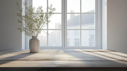 Fototapeta premium Empty wooden table with a vase of branches in front of a window. Concept of calm, serenity, and natural light.