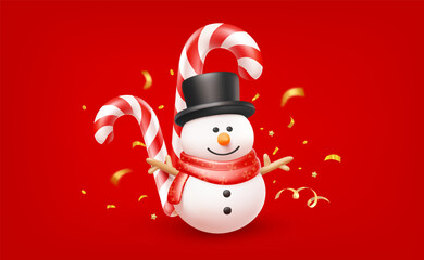 Vector christmas illustration of cute realistic snowman in top hat and scarf with candy cane on red background. 3d cartoon style winter holiday design of snowman and candy cane for Merry Christmas