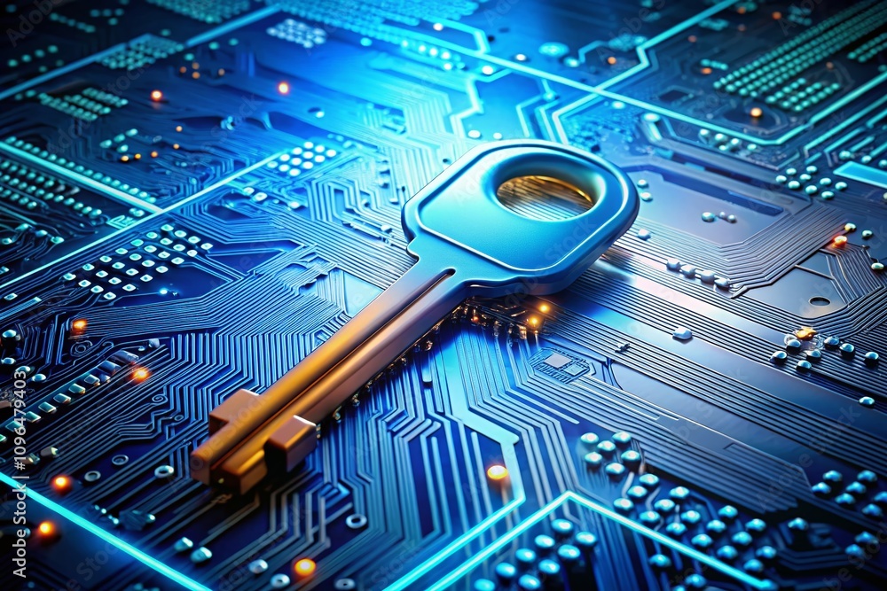 Poster a blue key floating over an intricate circuit board, symbolizing data protection and security in tec