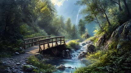 11. A winding mountain trail with a wooden bridge crossing a stream surrounded by greenery