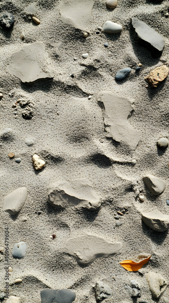 Aufkleber sand texture with embedded stones and a fallen leaf: a detailed realistic image
