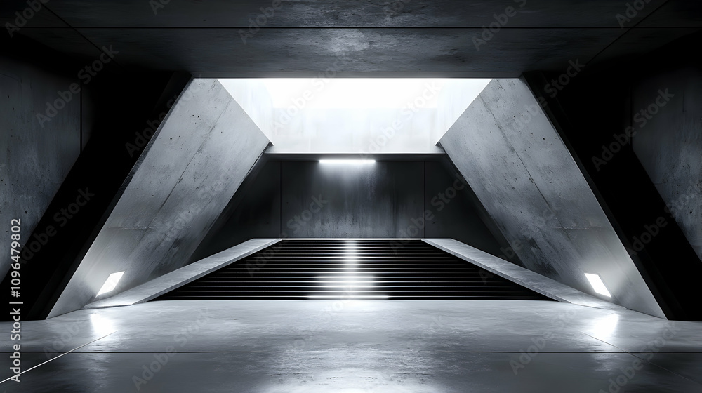 Poster abstract 3d rendering: concrete staircase ascending to bright light source in minimalist modern arch