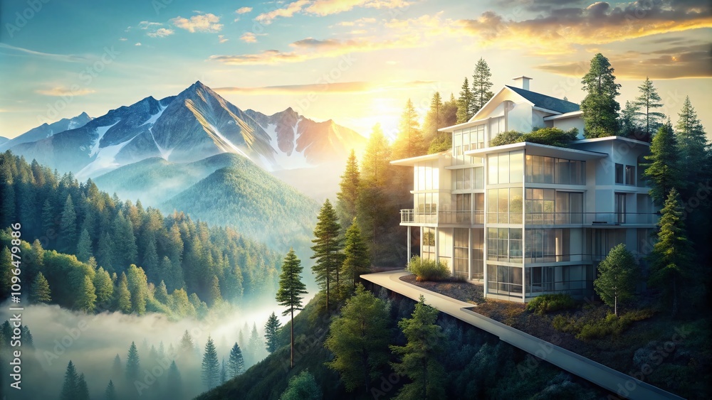 Poster a captivating double exposure of white building lines extending and converging in 3d, blending archi