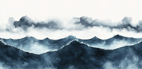 Obraz premium Watercolor painting of dark blue ocean waves, dark gray clouds, and a dark gray sky in a panoramic view.