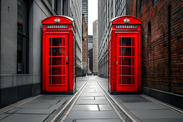Fototapeta premium Two Red Telephone Booths Frame a City Alleyway in Black and White