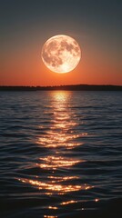 Stunning Full Moon Over a Serene Lake at Sunset