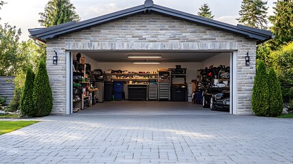 Well-organized garage showcasing various tools and vehicles.