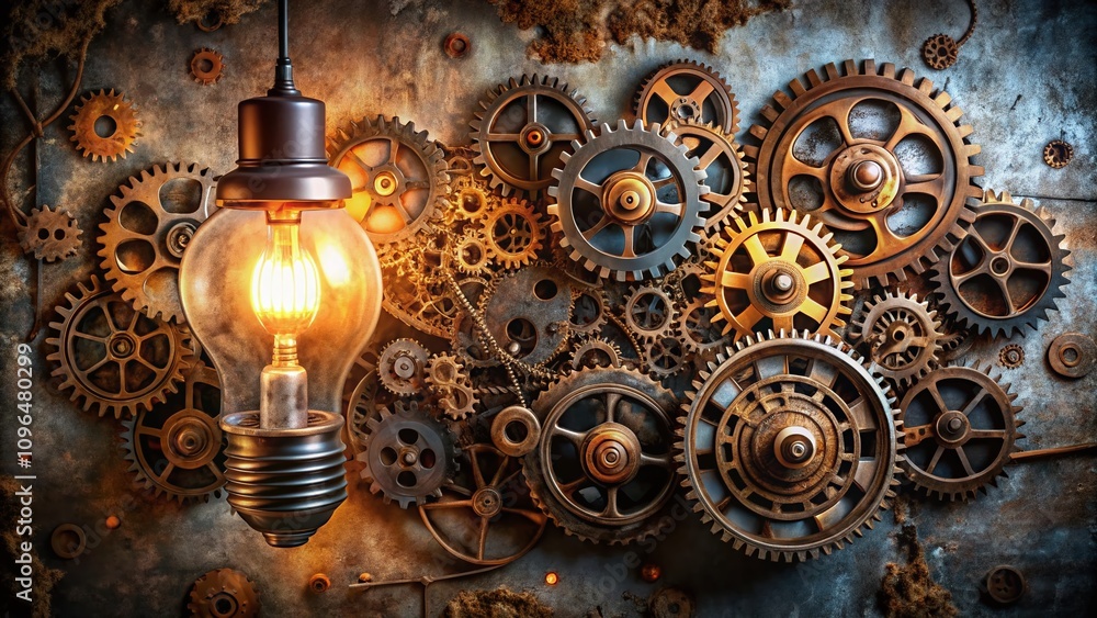Poster a captivating panoramic view of a lightbulb mechanism with intricate gears set against a rustic wall