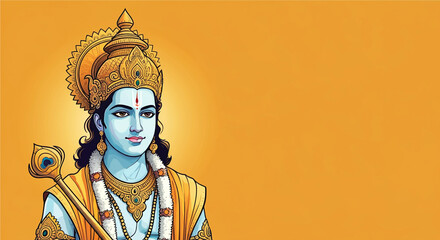 A classical and serene image of Lord Vishnu with a radiant expression, set against a warm yellow background, symbolizing peace and divinity