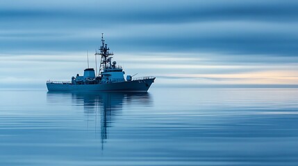Fototapeta premium A calm sea scene featuring a ship reflecting on the water during twilight.