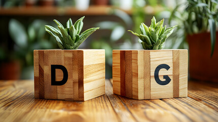 Wooden Cubes with Succulents Displayed on a Wooden Table